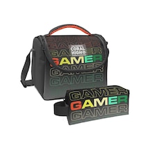 Coral High Siyah Gri Gamer Desenli Erkek Çocuk Isı Yalıtımlı Beslenme Çantası Ve Kalemlik Seti