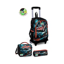 Coral High Kids Siyah Nefti Yarış Arabası Desenli Üç Bölmeli Çekçekli 3'lü Çanta Seti Set0123965