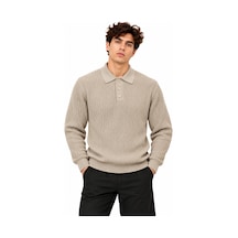 Erkek Polo Yaka Uzun Kollu Standart Fit Kalıp Kazak 27001 Ekru