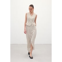 Sateen Çizgili Keten Etek - Camel-136361 CAMEL