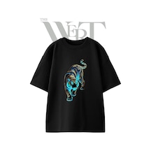 Thewert Kaplan Desen Tasarım Baskılı Ünisex Siyah Oversize T-shirt