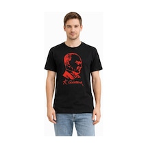 Erkek Atatürk Baskılı Tişört Kısa Kollu Bisiklet Yaka T-shirt - Siyah Çok Renkli