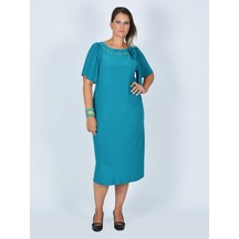 Nidya Moda Büyük Beden Aksesuarlı Elbise-4026T Turkuaz