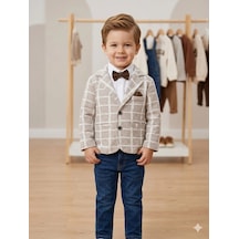 Erkek Çocuk Bej Kareli Blazer Ceketli Papyonlu 3 Lü Takım Beyaz