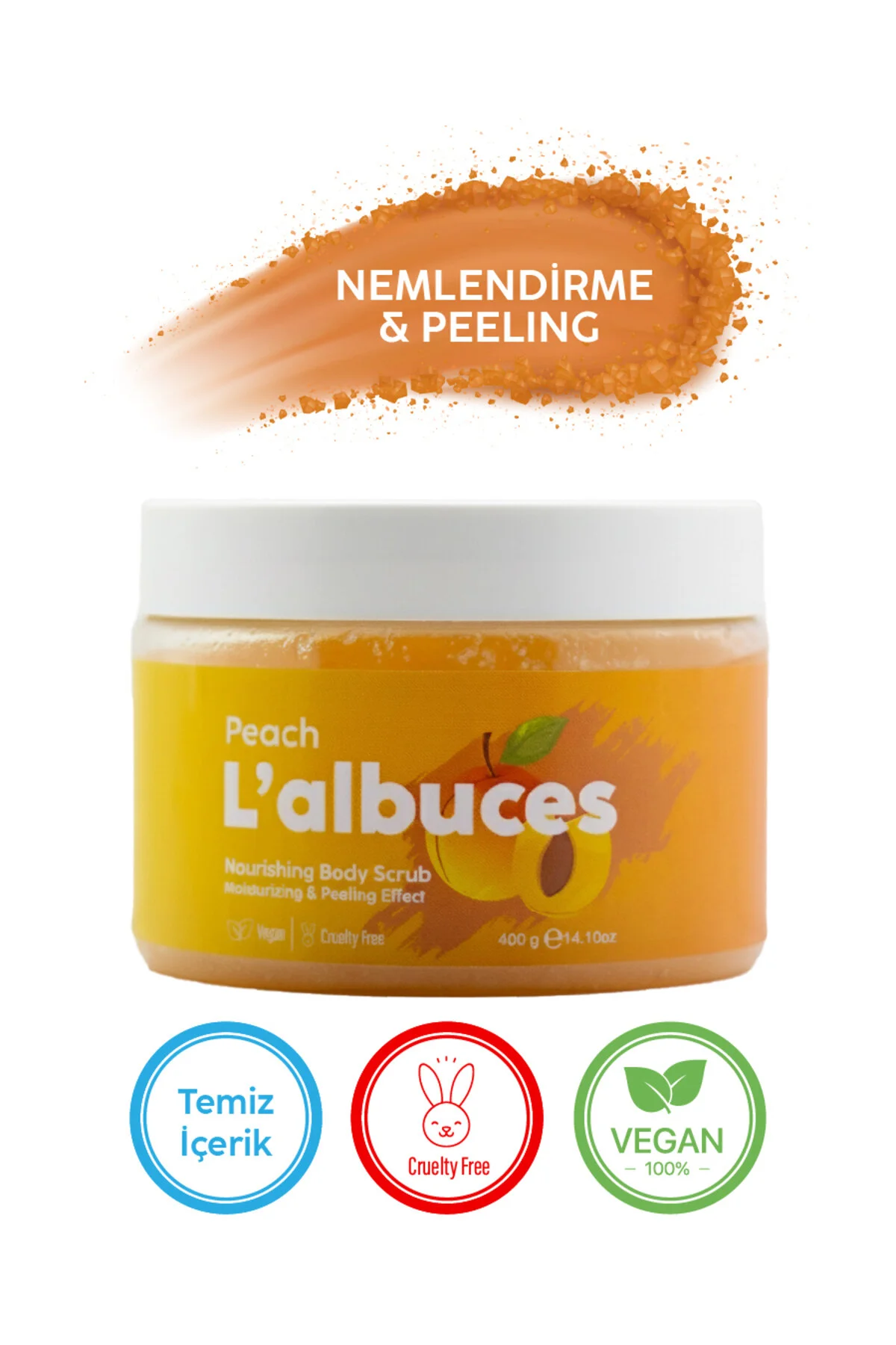 Peach Body Scrub 400gr Vegan, Temiz İçerikli, Şeftali Kokulu Pürüzsüz Cilt Bakımı