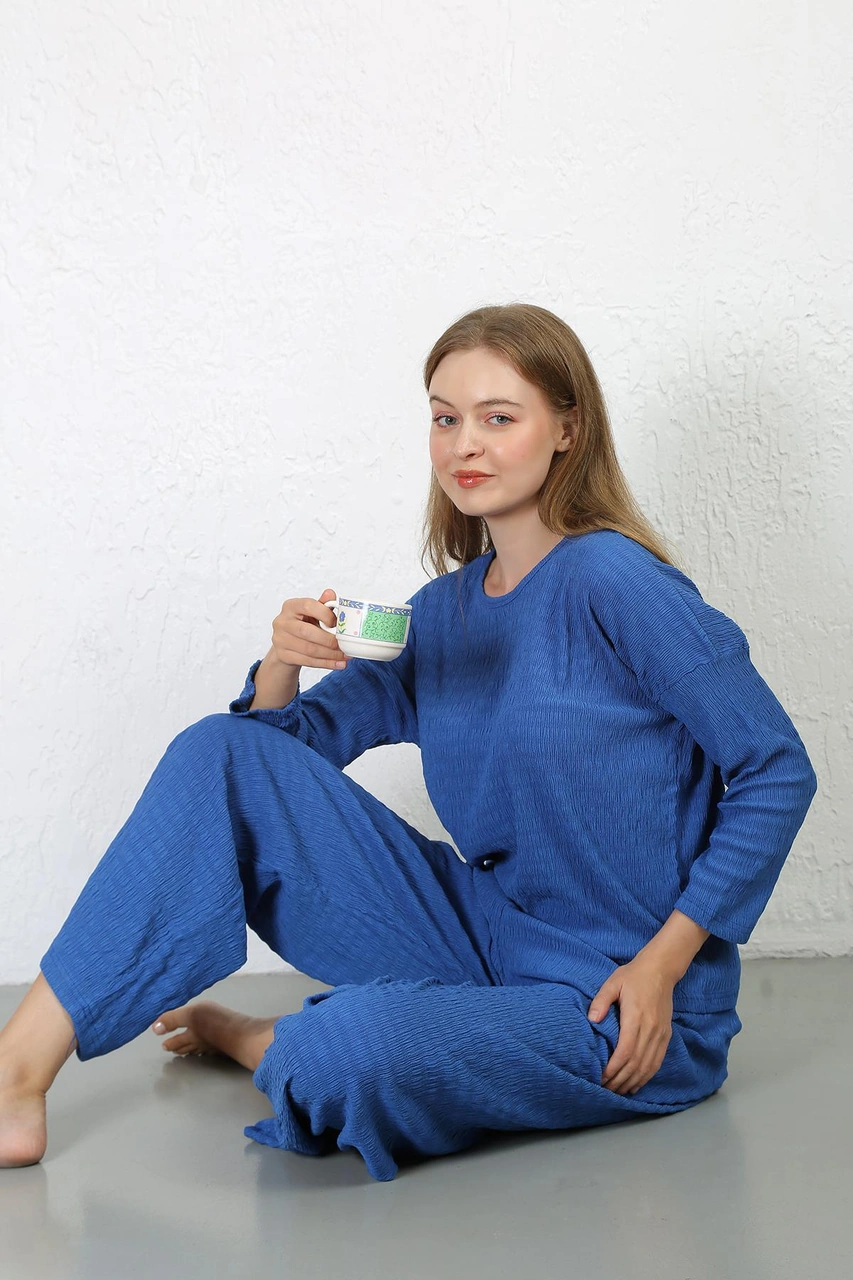 Akbeniz Kadın Bürümcük Kumaş Pijama Takım Saks 4233 Saks