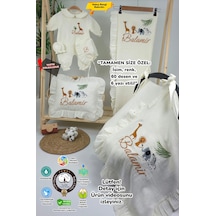 Gros Shop Müslin Yeni Doğan 4katlı Organik %100pamuk Kişiye Özgü Nakışlı Hastane Çıkış Seti-safari Model Ekru