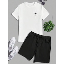 Palmiye Minimal T-shirt Şort - Beyaz Siyah Alt Üst Takım Şort Tişört Kombin Baskılı Bisiklet Yaka Beyaz Siyah