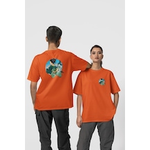 Geyşa Koi Ön-arka Baskılı %100 Pamuk Beyaz Kadın/erkek Unisex Rahat Kalıp Oversize T-shirt Turuncu