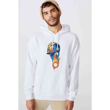 Sporcu Basketci Baskılı Beyaz Erkek Örme Kapşonlu Sweatshirt