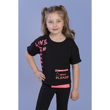 Toontoy Kids Toontoy Kız Çocuk Neon Uyumlu Cep Detaylı Baskılı Tişört Siyah