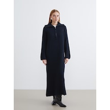 Lcw Modest Lacivert Polo Yaka Triko Elbise