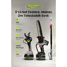 Reschmann 3'lü Set Şarjlı Testere Ve Budama Makası Ve 2 Metre Teleskobik Uzatma Kolu 21v - 3.0 Ah - Dijital Göstergeli