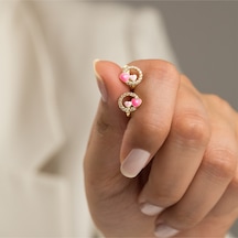 Çgk Çiğdem Gürel Kuyumculuk 14 Ayar Pembe Kalpli Taşlı Çocuk Küpesi Sevimli Kız Çocuk Küpe Modeli Gold