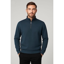 We&me Regular Fit Yarım Fermuarlı Dik Yaka Basic Sweatshirt Mavi