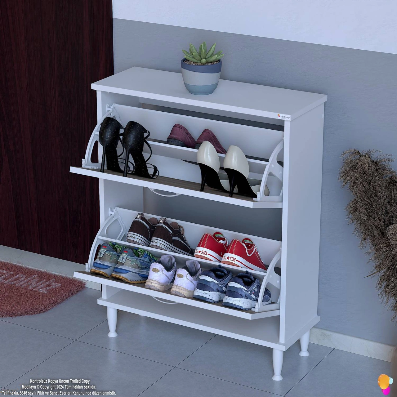 Asaf Cordoba Renk 72 Cm Kapı Önü Ayakkabılık 2 Düşer Kapak 4 Göz Bölmeli Ayakkabılık 72x90x25,5 Cm Cordoba