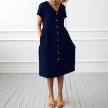 Barbora Keten Günlük Yazlık V Yaka Kısa Kol Düğme Detaylı Kadın Elbise Ln278lacivert14 001