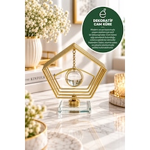 Evonıta Dekoratif Cam Küreli Beşgen Biblo Altın Renk Geometrik Tasarım Kristal Tabanlı Masa Üstü Konsol Salon Dekoru