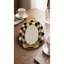 Sembol Porselen Lüks Oval Sunum Tepsisi 30x19 Cm - Siyah Beyaz Gold Beyaz - Altın