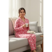 Rukod Süet Kumaş Pembe Kalpli Gömlek Yaka Kadın Pijama Takımı Yumuşak, Likralı Pijama Takım Pembe