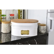 Evistro Metal Ekmeklik Ahşap Kapaklı Hasır Kulplu Ekmek Kutusu Beyaz