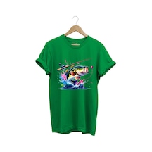 Fishing Balıkçılık Renkli Levrek Balığı Baskılı Avcılık %100 Pamuk Regular Fit Unisex T-shirt Yeşil