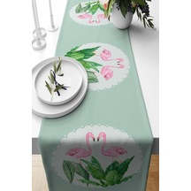 Pelangi Beyaz Filamingo Yaprak Desen Leke Tutmaz Kumaş Salon Mutfak Masa Değişik Ranır Modelleri Runner, Yeşil-pembe 40 X 140 Çok Renkli