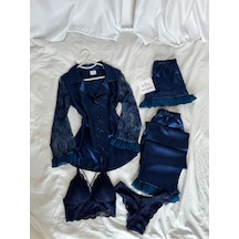 Mh Moony Homewears Kutulu 5'li Milfa Dantel Kol Detaylı Saten Pijama İç Giyim Çeyizlik Set Lacivert