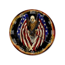Eski Zeminde Amerikan Bayrağı Kanatlı Kartal Duvar Saati Çok Renkli