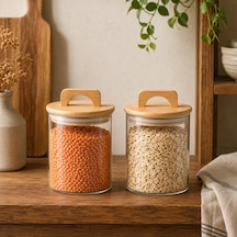 Havana Bambu Kapaklı Cam Kavanoz 370 Ml 2'li Set, Şeffaf Cam Saklama Kavanozu, Kulplu Bambu Kapaklı Mutfak Düzenleyici, Kahve Çay Baharat Bakliyat Atıştırmalık Kavanozu Çok Renkli