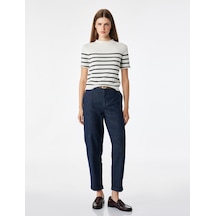 Koton Kemerli Yüksek Bel Rahat Kalıp Chino Denim Pantolon Koyu İndigo 7wal40049md Indigo