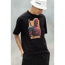 Film Kahramanı Deadpool Baskılı Unisex Oversize Marvel Tişört Siyah