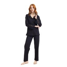 Kadın İnce Kolu Dantel Detaylı %100 Pamuklu Düğmeli Pijama Takımı 9319-Siyah