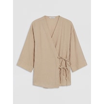 Lcw Everyday Bej Kruvaze Yaka Müslin Oversize Kadın Kimono