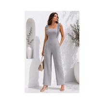 DefyModa Kadın Tasarım Tül Kumaş Kare Yaka Kuşaklı Tulum Gri