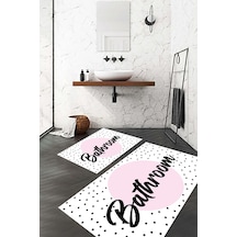 Bathroom Yazılı Banyo Paspası, Dekoratif Paspas, Yıkanabilir, Beyaz
