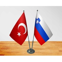 Masa Üstü Slovenya Bayrağı Türk Bayrağı İkili Krom Direk Masa Bay