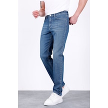 HLT Jeans Erkek Şerit Detaylı Puslu Mavi Regular Fit Boru Paça Esnek Likralı Jeans Kot Pantolon Hlthe001965 Beyaz - Mavi