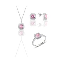 Gümüş Rodyumlu Pembe Taşlı Kare Üçlü Set