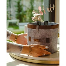 Deri Şeritli Yuvarlak Çok Amaçlı Düzenleyici Sepet Organizer Kutu 20x20 Cm - Kahverengi