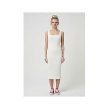 Neden Tekstil Premium Fit Kare Yaka Fitilli Triko Midi Elbise - Beyaz