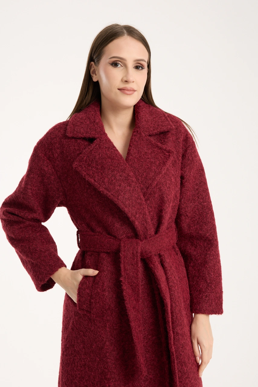 Bordo Buklet Kaşe Oversize Kaban Bordo