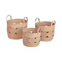 3'lü El Yapımı Doğal Hasır Kulplu Yuvarlak Desenli Saksı Seti, Hasır El Yapımı Suya Karşı Koruma Poşetli Yuvarlak Örgü Saksı 3'lü Set, Rattan Saksı Seti, 33cm 28cm-30cm 25cm-26cm 22cm 001