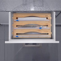 3 Bölmeli Bambu Streç Film Ve Folyo Düzenleyici Kutu Ahşap