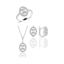 Gümüş Rodyumlu Oval Gümüş Düz Baget Taşlı Üçlü Set