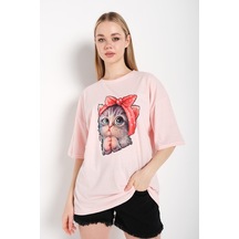 Flood Of Style Kadın Pudra Pembe Kedi Baskılı Oversize Tişört