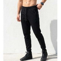 Plus Scorpion Erkek Slim Fit Eşofman Altı Pamuklu Kumaş, Fermuarlı Cepli, Rib Paça Siyah