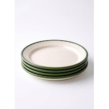 4'lü Emaye Servis Tabağı Seti - 25 Cm Krem Renkli Yeşil Kenarlı Yemek Tabağı Takımı - Retro Nos Krem Yesil