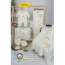 Gros Shop Müslin Yeni Doğan 4katlı Organik %100pamuk Kişiye Özgü Nakışlı Hastane Çıkış Seti Gökkuşağı Model2 Ekru