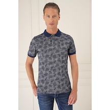 Slim Fit Dal Yaprak Desen Polo Yaka Pamuklu Lacivert Tişört Ts 884 Lacivert